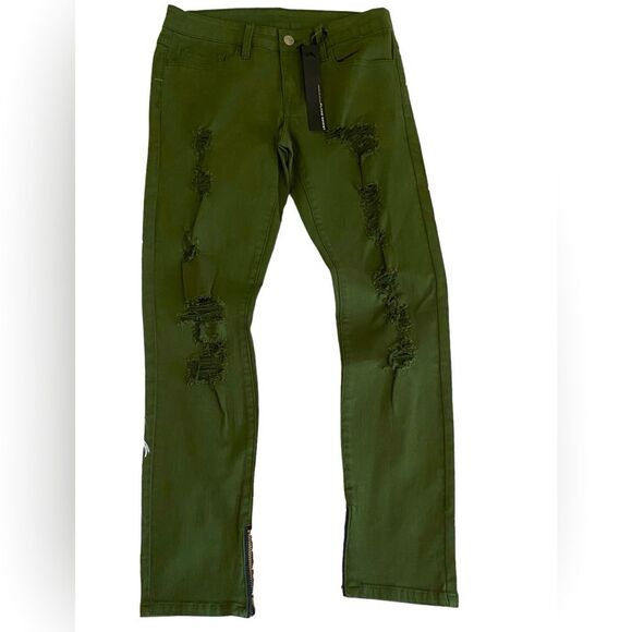 Flying Monkey Denim - Buckle Flying Monkey ankle zip distressed skinny jeans army green NWT size 27